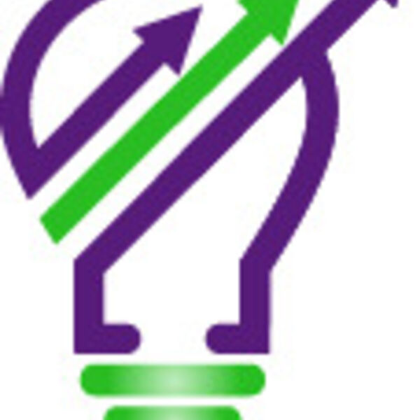 Stylized light bulb icon outlined in purple with two upward green arrows crossing through it, symbolizing innovation and growth.