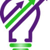 Stylized light bulb icon outlined in purple with two upward green arrows crossing through it, symbolizing innovation and growth.